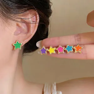 Sweet Multicolor Alloy Star Flower Stud Earrings With 925 Sterling Silver Earring Post For Women Girls Jewelry Collection