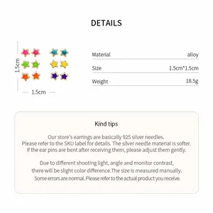 Detail page for dopamine colorful star stud earrings showing dimensions and 925 silver pins