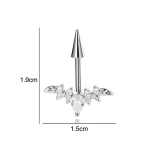 F136 Titanlegierung Engelsflügel Piercing-Ohrring mit Kristall und Kegelspitze, 1,9cm