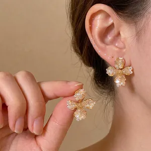 Fashion Glass Flower Stud Earrings With 925 Sterling Silver Earring Post Gold Coffee Floral Earrings For Women Jewelry