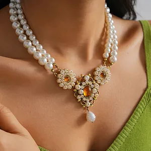 Vintage European Court Style Double Layer Artificial Pearl Flower Necklace Gold Plated Alloy Resin Stone Pendant For Women