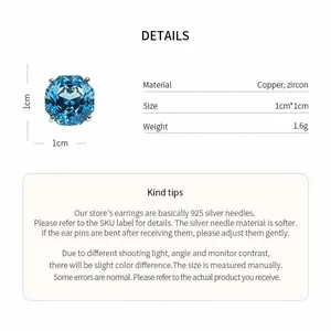 Detailed view of blue octagonal zircon earring with material and size specifications