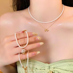 Collana Doppio Strato Francese Cesto Fiori Fiocco Ciondolo Zirconia Perla Artificiale Oro Placcato Donna Gioielli