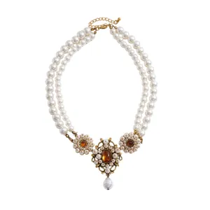 Elegant vintage court style double-layer resin pearl necklace with floral pendant detail