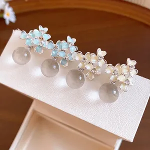 French style resin flower stud earrings with sparkling crystals and hanging beads for women