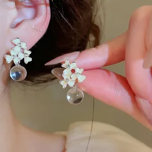 Elegant French style floral drop earrings with rhinestones and clear resin flower beads