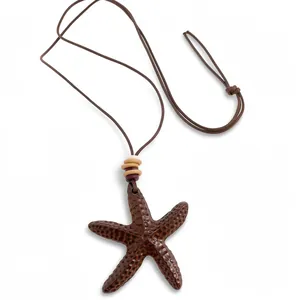 Retro resin starfish pendant necklace with wooden beads and brown leather cord