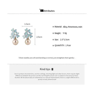 French style blue enamel flower earrings with rhinestones and pearl drops details