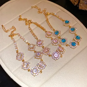 Bracelet de tennis de luxe plaqué or avec fleurs en zircon multicolores et chaîne réglable