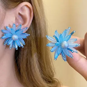 Orecchini a Bottone in Petalo di Vetro Blu Mare Chic Francese Con Perla Artificiale Fiore a Stella Gioielli di Nicchia Anello Donna