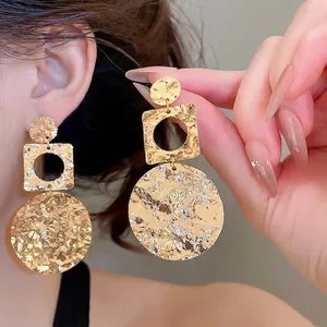 Luxury 18K Gold Plated Copper Drop Earrings With Silver Earring Post Hammered Textured Geometric Round Square Earrings For Women Jewelry