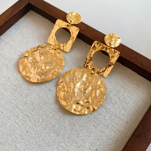 18k gold plated hammered geometric round drop earrings for women with vintage texture