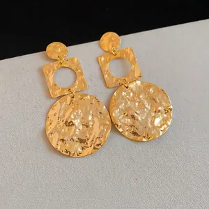 Hammered gold geometric dangle earrings with 18k plating for women, modern jewelry.