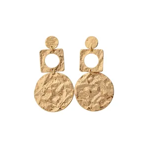 Elegant 18k gold plated hammered geometric drop earrings for a stylish statement look.