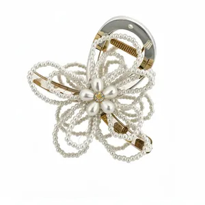 Elegant white pearl flower hair claw clip for women, exquisite floral shark clip