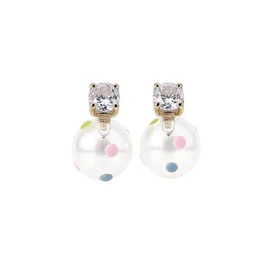 Elegant 18k gold plated zircon stud earrings with colorful polka dot glass pearls