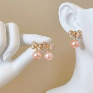 Französischer Retro Schleife Künstliche Perle Ohrstecker Mit 925 Sterlingsilber Ohrstecker-Stift Für Damen Gold Strass Ohrringe
