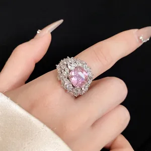 Luxury Pink Square Zirconia Open Ring Adjustable Copper Silver Plated Geometric Cluster Finger Ring For Women Fashion Jewelry Gift