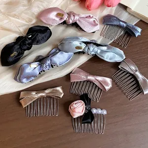 Elegant satin bow hair clips and side combs set in various pastel colors for women
