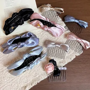 Elegant collection of satin fabric bow hair clips and combs in sophisticated pastel colors