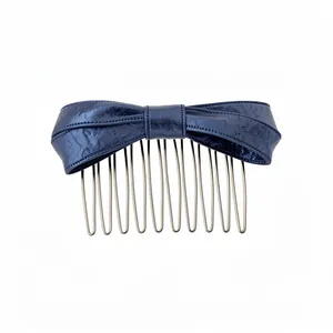 Elegant dark blue satin bow hair comb with textured fabric for women's hair accessory