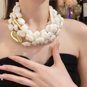 French vintage multi-layer white acrylic beaded necklace featuring elegant gold accents
