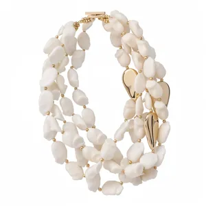 French retro multi-layered acrylic necklace with white irregular beads and gold OT buckle