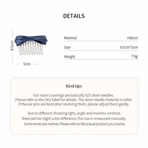 Detailed specifications of the navy blue satin bow hair comb with size annotations.