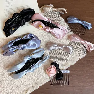 Elegant collection of satin bow hair clips and decorative hair combs in multiple colors