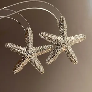 Close-up of silver starfish stud earrings with textured glittery finish for a luxury look.