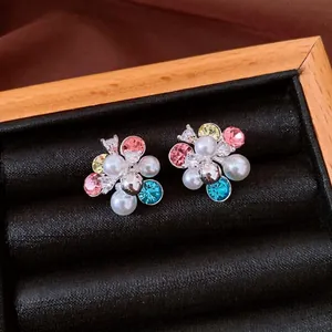 Luxury Flower Cluster Stud Earrings For Women With Zirconia And Artificial Pearl Silver Earring Post Summer Vacation Jewelry