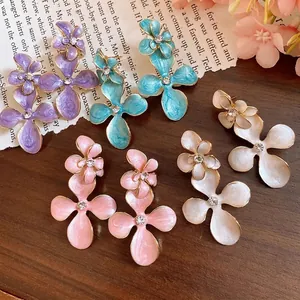 Vintage Drip Oil Flower Drop Earrings For Women Elegant Rhinestone Inlaid Floral Stud Earrings Silver Post Fashion Jewelry