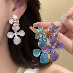 Elegant enamel flower drop earrings with rhinestones and S925 silver needles for women