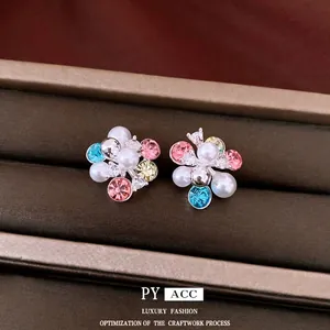 Elegant zircon flower cluster stud earrings with colorful rhinestones and white pearls