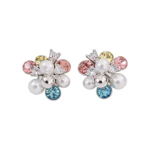 Elegant floral cluster stud earrings with colorful crystals and pearls on silver pins