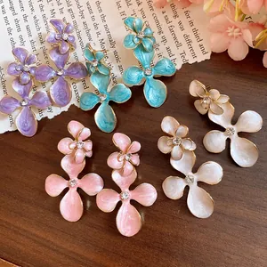 Vintage colorful oil-dripping flower drop earrings with sparkling rhinestone centers
