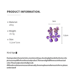 Detailed info card for purple enamel flower earrings with alloy and rhinestone specs.