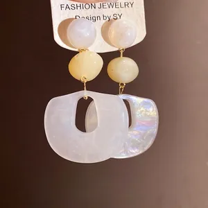 Elegant marbled white acrylic drop earrings with S925 silver needles for stylish women