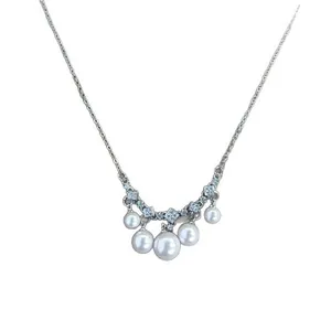 Elegant silver necklace with white pearl tassels and sparkling square cubic zirconia stones