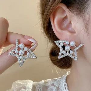 Korean Light Luxury Star Zirconia Artificial Pearl Stud Earrings With 925 Sterling Silver Earring Post For Women Jewelry