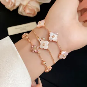 Elegant pink mother of pearl shell flower bracelet set with zircons for women
