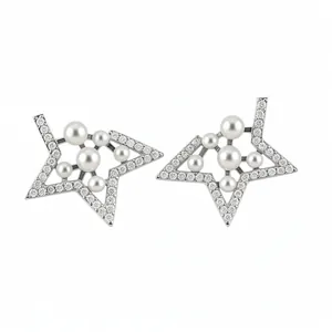 Elegant silver star stud earrings with shimmering cubic zirconia and clustered white pearls
