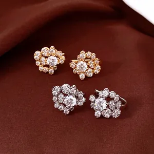 Sparkling Zirconia Round Ear Clip Women No Pierced Earrings Light Luxury Copper Geometric Floral Jewelry Accessory Gift