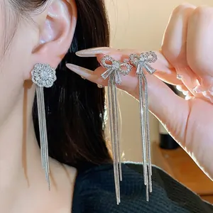 Luxury Zirconia Bowknot Flower Tassel Stud Earrings with 925 Sterling Silver Post Copper Silver Jewelry for Women