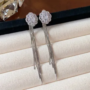 Elegant silver needle flower stud earrings with long tassel and sparkling cubic zirconia stones