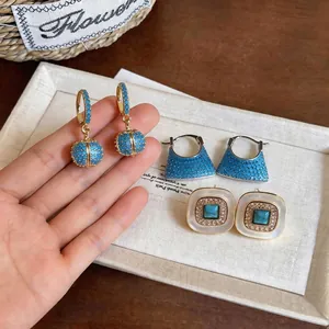 Vintage French style 18K gold plated earrings set with blue beads and zircon accents