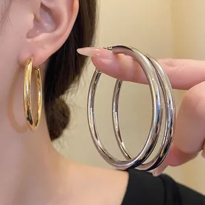 Vintage Minimalist Large Round Iron Hoop Earrings With Silver Earring Post For Women Geometric Fashion Jewelry