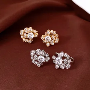 Elegant sparkling cubic zirconia flower clip-on earrings available in gold and silver