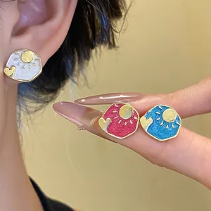 Vintage Palace Style Asymmetric Sun Moon Heart Stud Earrings 925 Sterling Silver Post Enamel Drip Oil Gold Plated Light Luxury Earrings For Women Jewelry