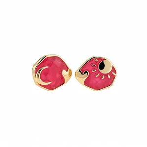 Elegant vintage luxury sun moon heart stud earrings with faceted red stones in gold finish